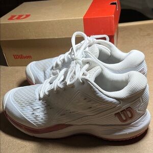 Wilson Rush Pro Ace Jr. White/Pink Pickleball/Tennis Shoes. Kids 4.5/ Ladies 6.